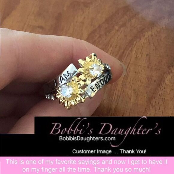 ❤️33❤️ “I AM ENOUGH” Two Tone 14k White Gold Yellow Gold Daisy Diamond Ring - Picture 5 of 13